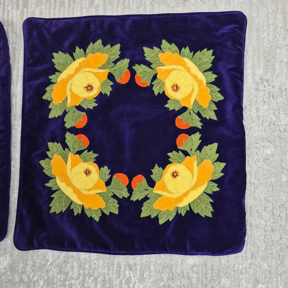 Vintage Applique Embroidered Throw Pillow Covers Deep Purple  Set of 2